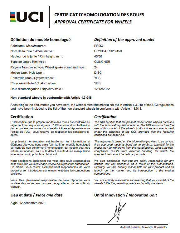 Certificat d'approbation UCI pour la roue en carbone ProX