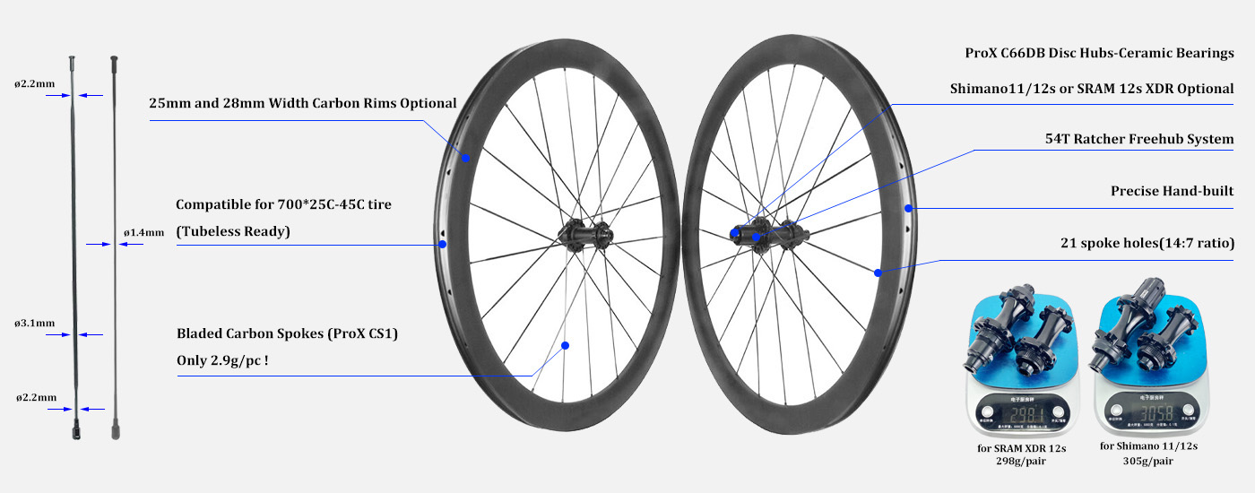 roues de route ultra légères avec rayons en carbone