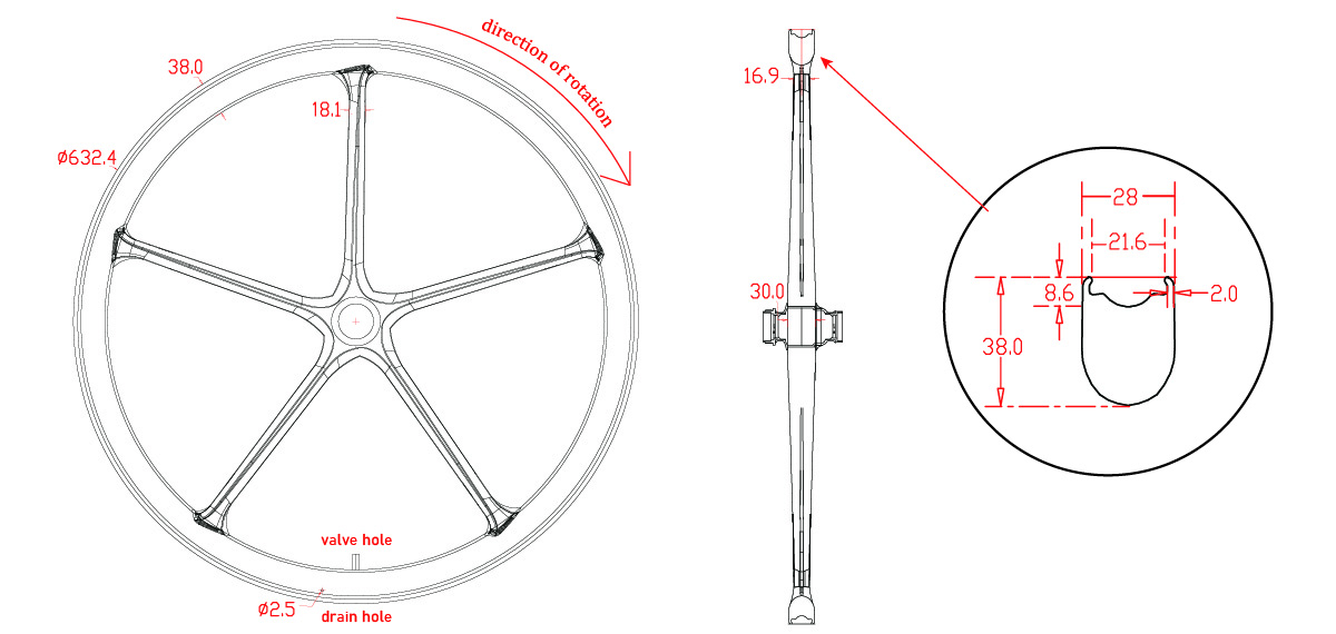 700C carbon 5-spoke wheel drawing