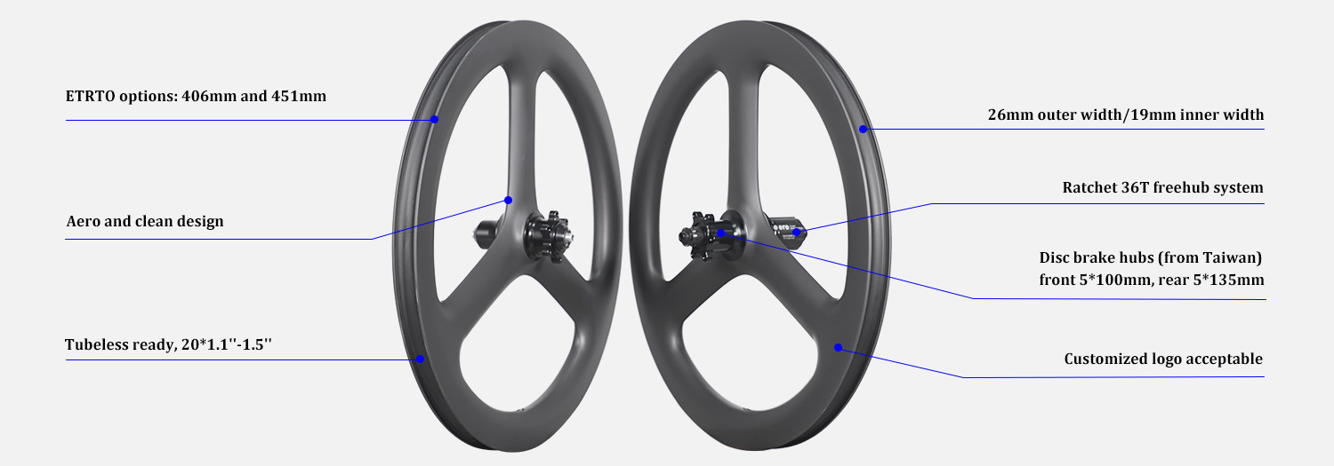 20 Inch BMX 3-spoke Carbon Aero Disc Wheelset 