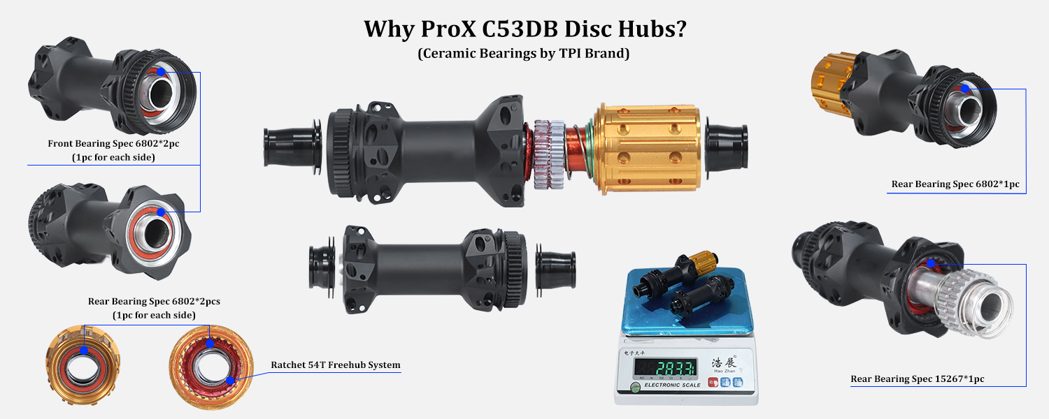 ProX C53DB hubs with Ratchet 54T freehub and ceramic bearings ProX C53DB hubs with Ratchet 54T freehub and ceramic bearings