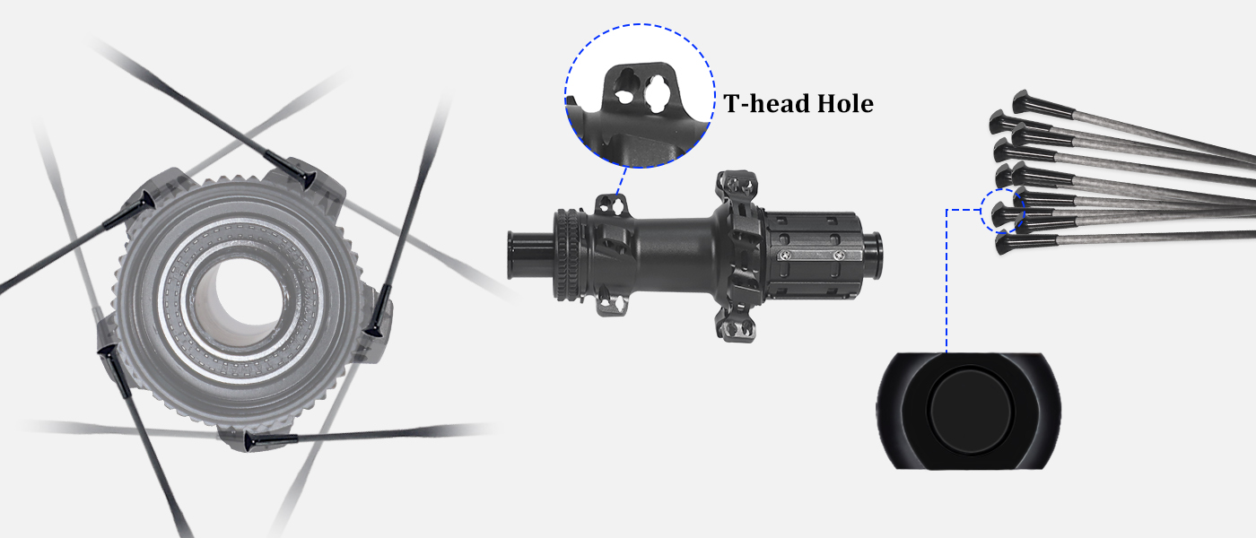 T-head spoke hubs for carbon spoke wheels
